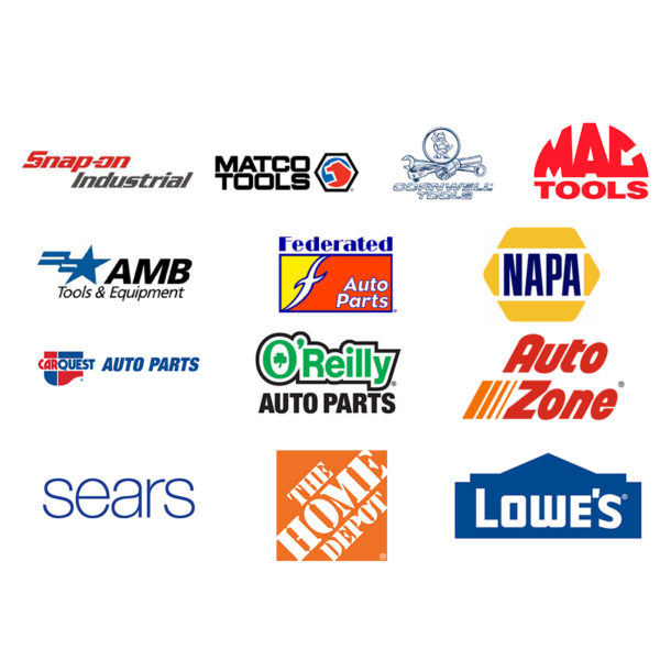 Snap-on Industrial, Matco, Cornwell, and MAC Tools. AMB, Carquest, O’Reilly’s, NAPA, Federated, and Autozone. Sears, Home Depot, and Lowe’s logos