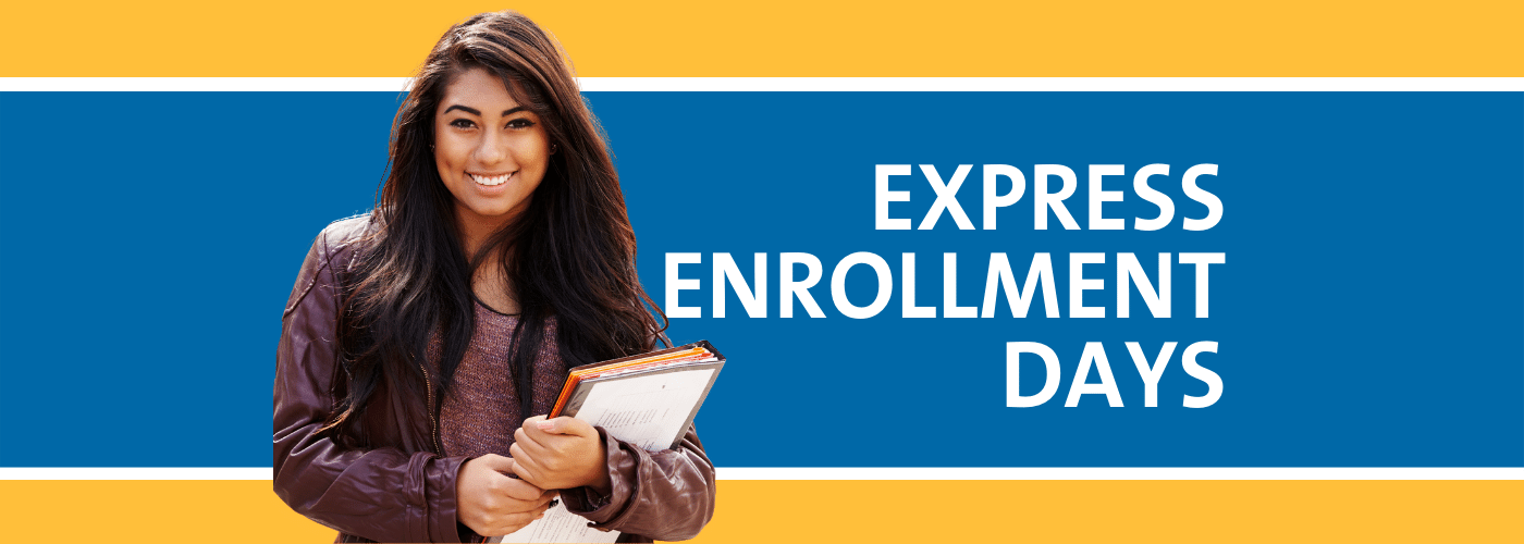 Student standing in front of sign, Express Enrollment