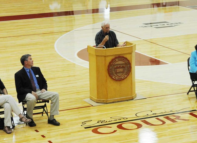 Ellwood Crosier talks during the basketball dedication ceremony 2013