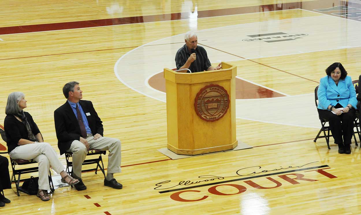 Ellwood Crosier talks during the basketball dedication ceremony 2013