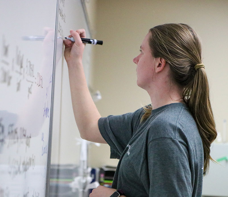 A female student works on a project on the white board