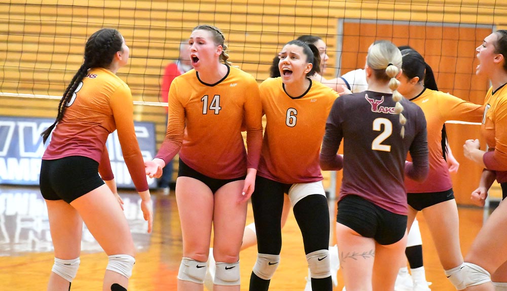 Volleyball players celebrate point