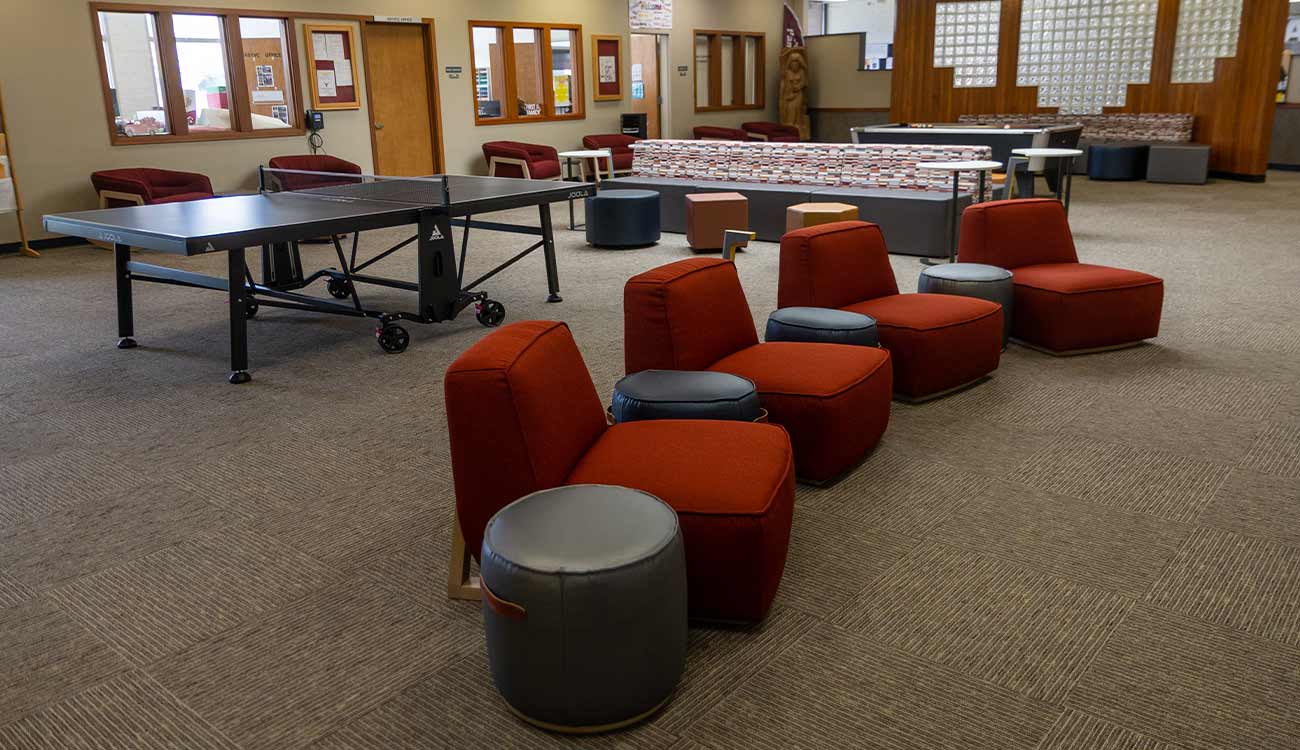 Comfortable chairs and a ping pong table in YVC's Hopf Union Building.