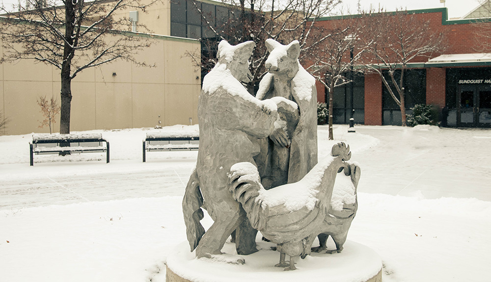 "The Coyotes & the Chickens" sculpture in Sundquist Plaza after a snowfall in early January.