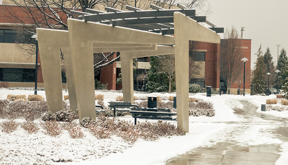 Snow blankets the heart of the Yakima Campus.