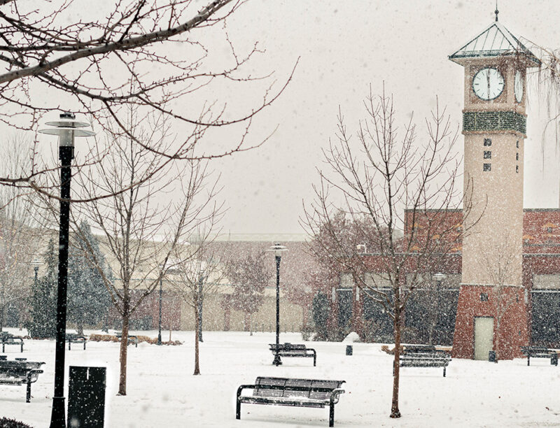 The clocktower on the Yakima campus during a snowstorm in late January.