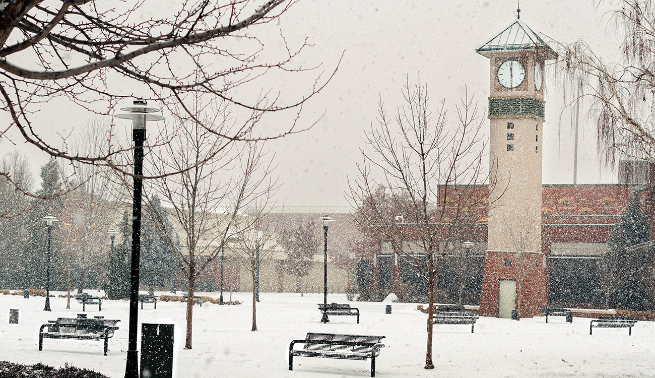 The clocktower on the Yakima campus during a snowstorm in late January.