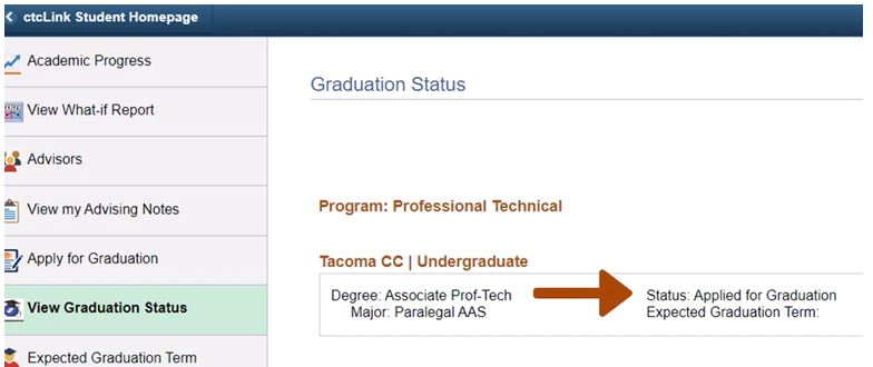 Screen shot of a Student View of Graduation Application Status on ctcLink.