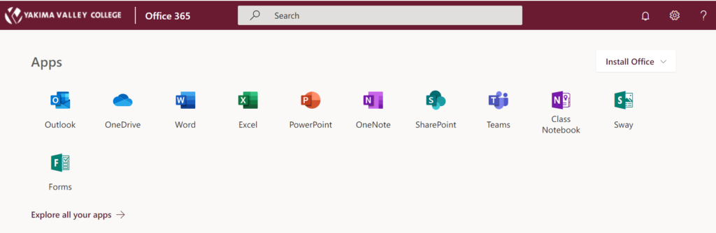 screen capture of the office 365 apps
