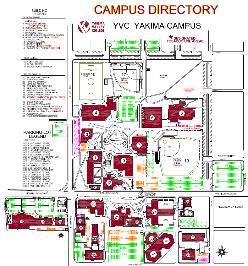 For more information about the campus map please contact Facilities at 509-574-4692 or email facilityops@yvcc.edu. For immediate assistance on campus please contact Safety & Security at 509.574.4610 or after hours at 509.424.0022.